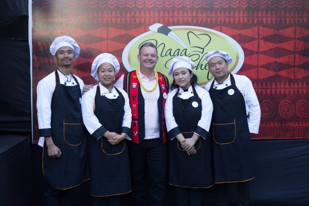 Contestants who competed for the Naga Basket round today at the 9th edition of the Naga Chef, ‘Let’s get cooking’ title at the amphitheatre, Naga Heritage Village, Kisama tomorrow seen along with Guest Judge, Chef Gary Mehigan, Author & Restaurateur, one of the original judges of MasterChef Australia. (Photo Courtesy: Naga Chef)